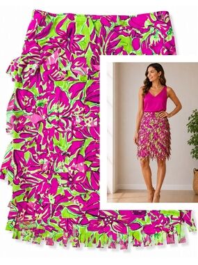 Tadashi Neon Floral Fringe Skirt Fuchsia & Lime XL